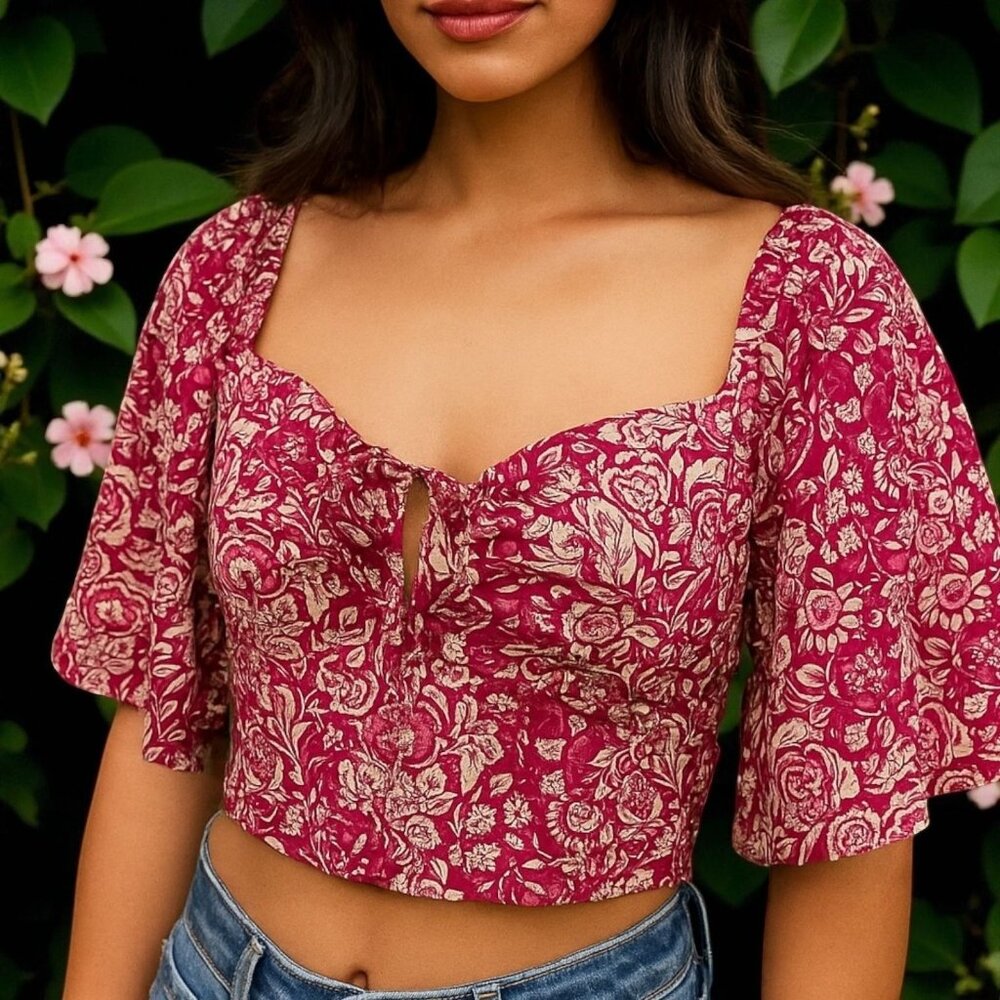 NEW Japna Floral Puff Sleeve Sweetheart Crop Blouse Milk Maid Fairy Feminine L
